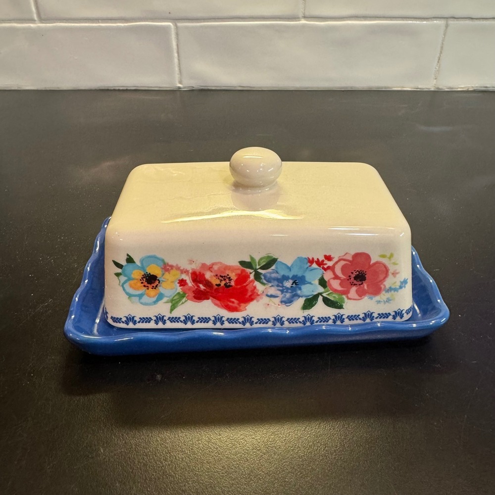 The Pioneer Woman Butter Dish Home 7.5in Blue Floral Breezy Blossom Stoneware